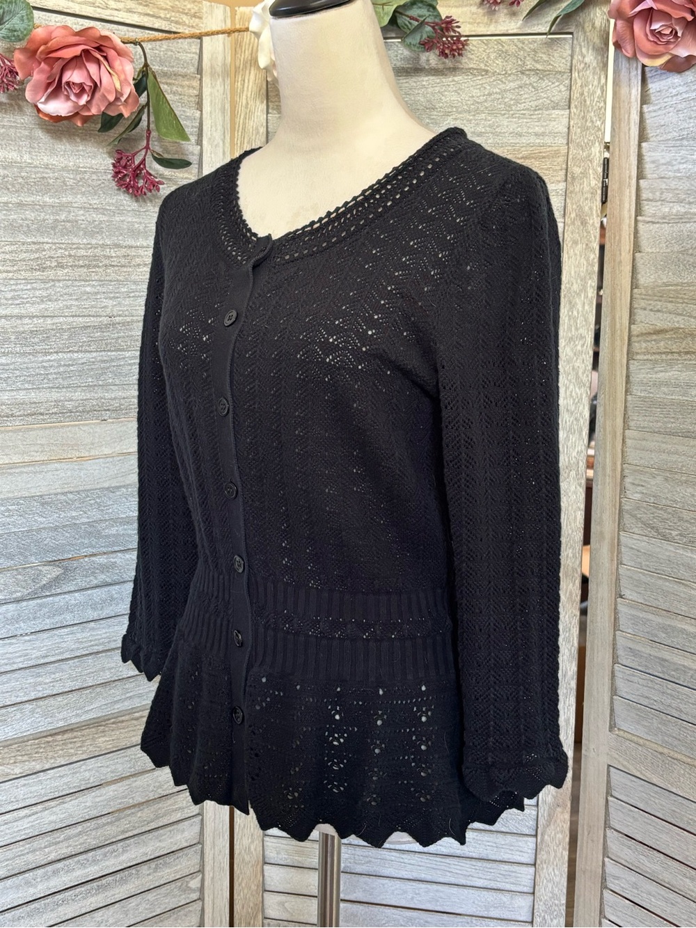 Y2K Vintage EXPRESS Black Crochet Knit Cardigan w/ Crochet Peplum, Women’s SZ LG - Picture 7 of 16